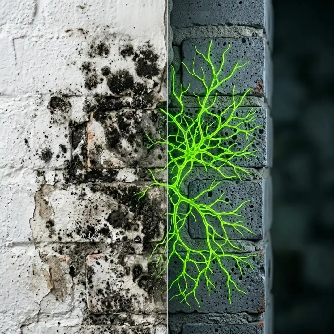 Comparativo visual entre parede de alvenaria infestada por mofo negro e uma representação gráfica da infestação oculta em tom verde neon