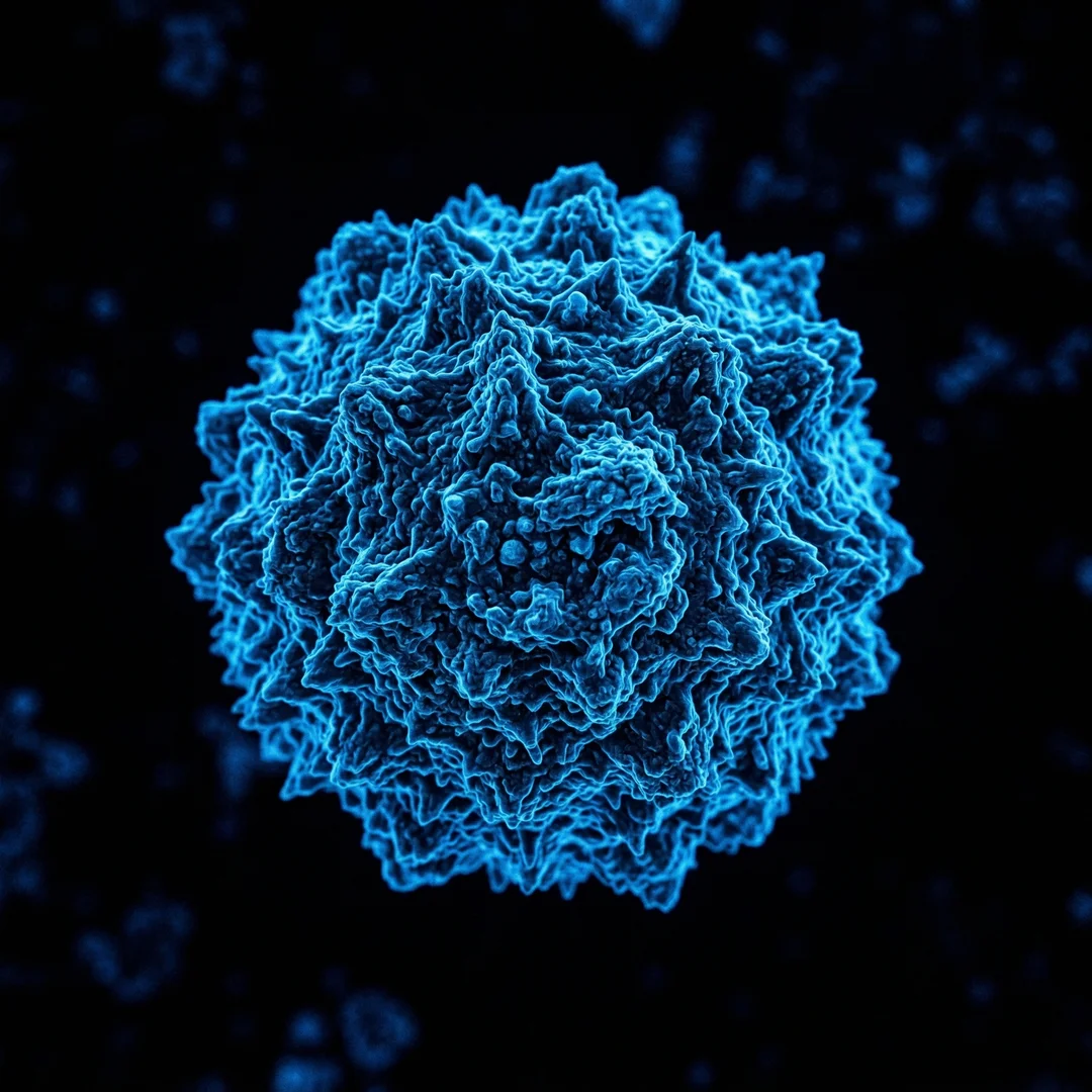 Microscopia eletrônica de varredura em 3D mostrando um esporo fúngico ativo com estrutura complexa em tom azul